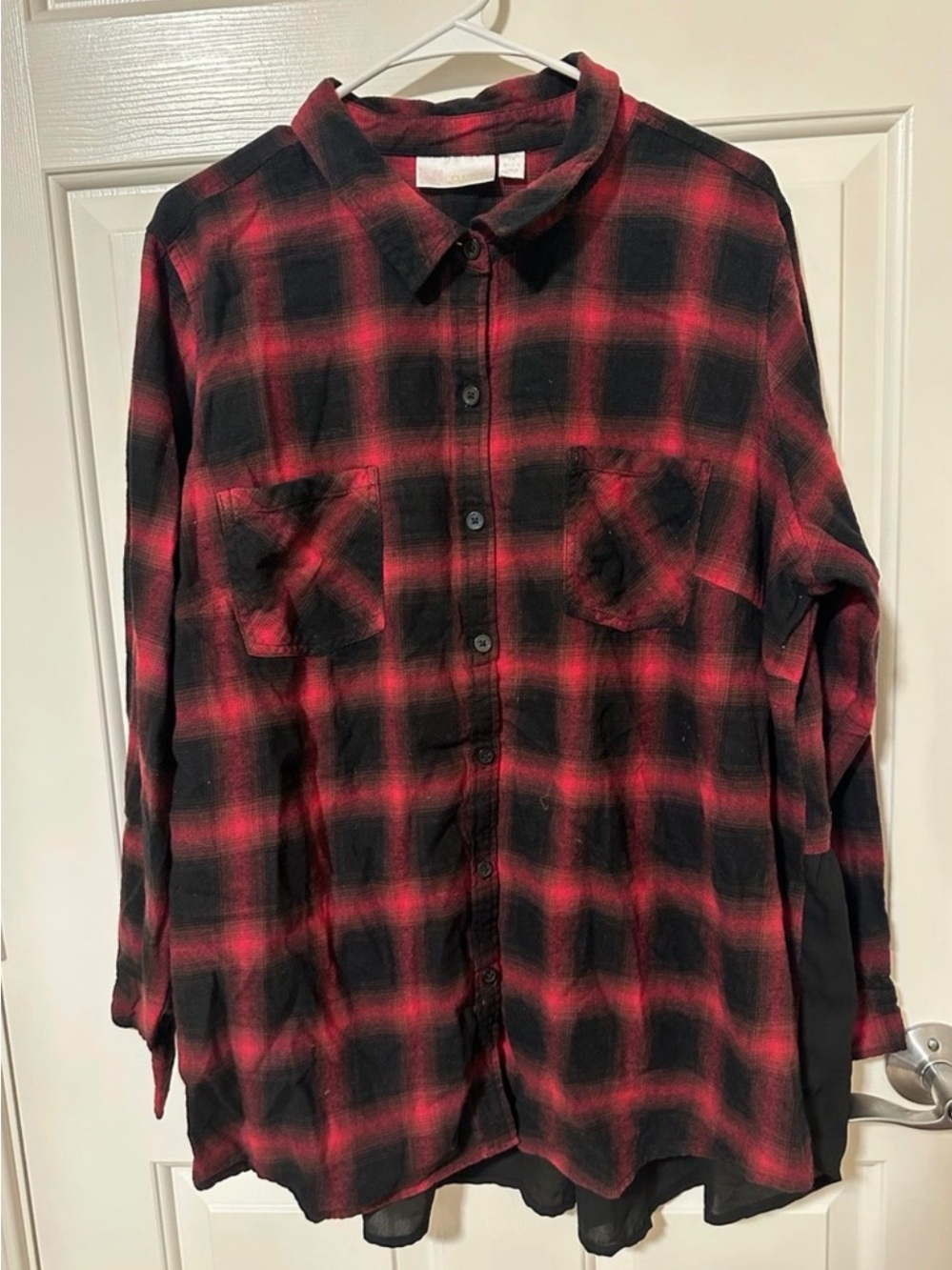 Belle by Kim Gravel Red/Black Plaid Flannel w/ Black Chiffon Peplum Back xl